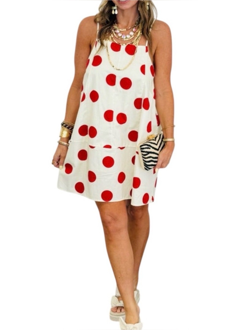 Peach Love California Cream/Red Big Bold Polka Dot Mini Dress Size L